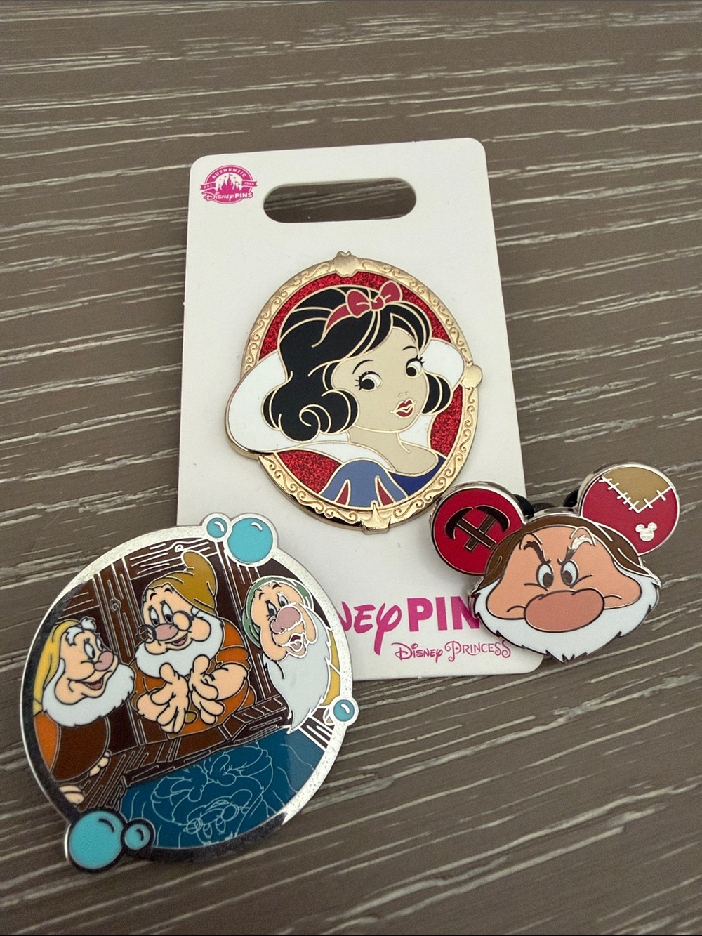 Disney Snow White & Dwarfs Enamel Pin Trio - Red, Black, Cream, Blue